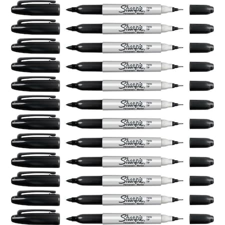 Sharpie Permanent Markers, Twin Tip, Fine/Ultra Fine Point, 12/BX, BK PK SAN32201BX